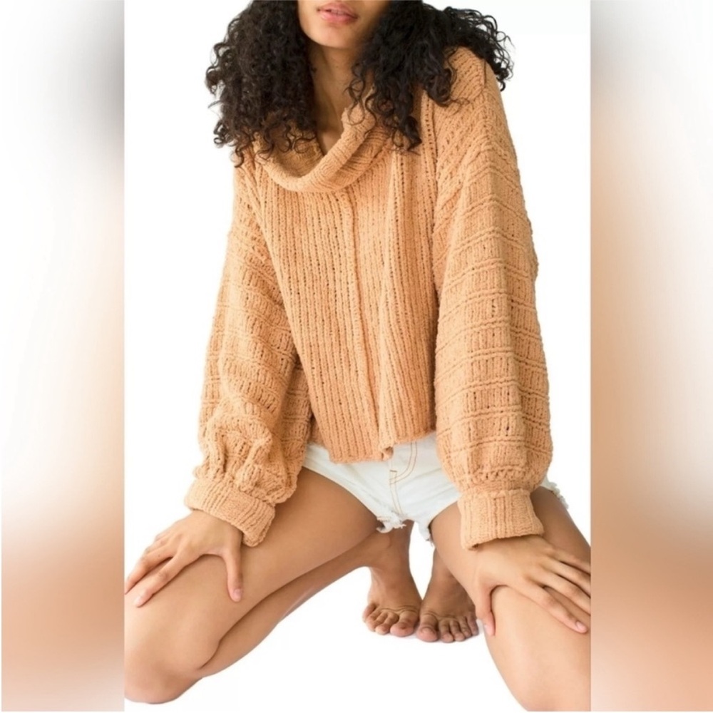 Free People Cozy Knit Cowl Neck Sweater in Peach